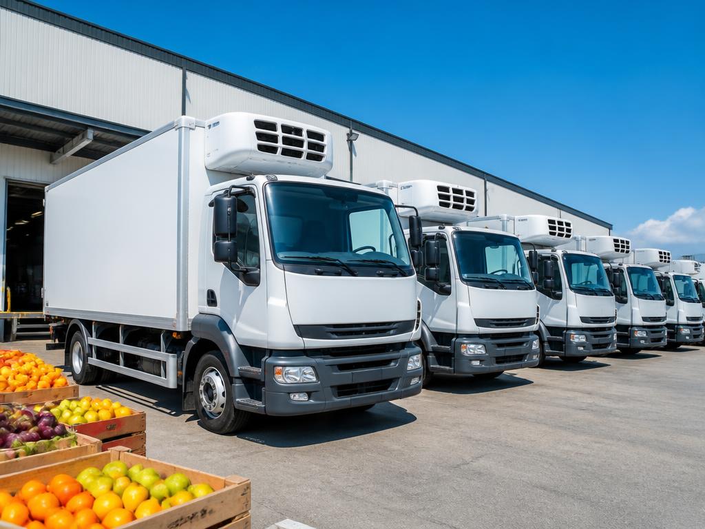 Frota de caminhões refrigerados Benini no pátio da matriz