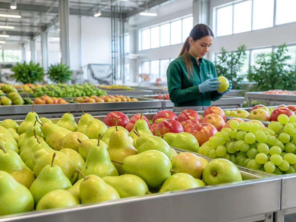 Frutas selecionadas em mesa de controle de qualidade